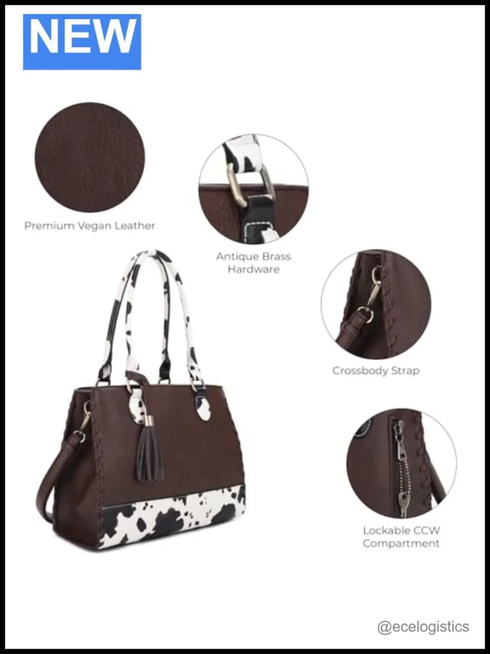 Vegan Faux Leather Satchel Purse with Zip Pockets, Top Handle & Adjustable Strap